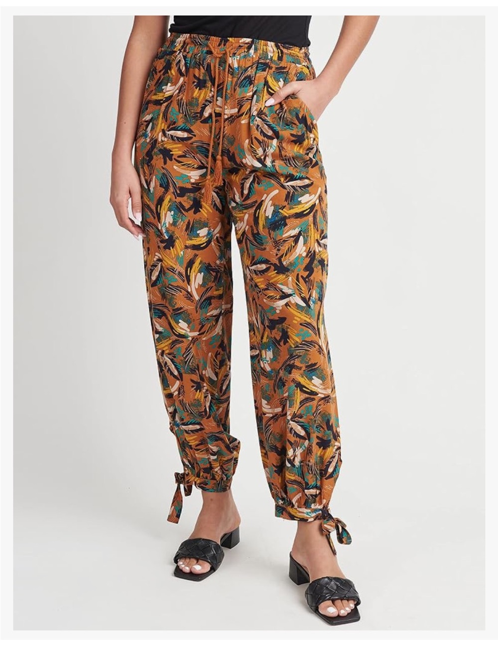 Daniel Rainn DR2 Palazzo Printed Tie-Hem Jogger Pants - floral rust, Sm NWT